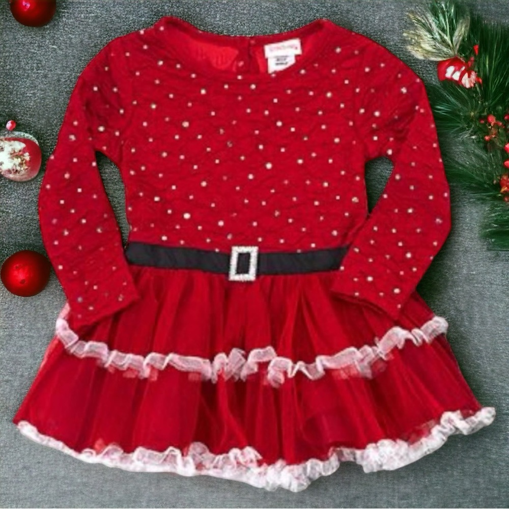 Sweet Heart Rose Red Christmas Tunic Top with Rhinestone Santa Belt Girls Size 6